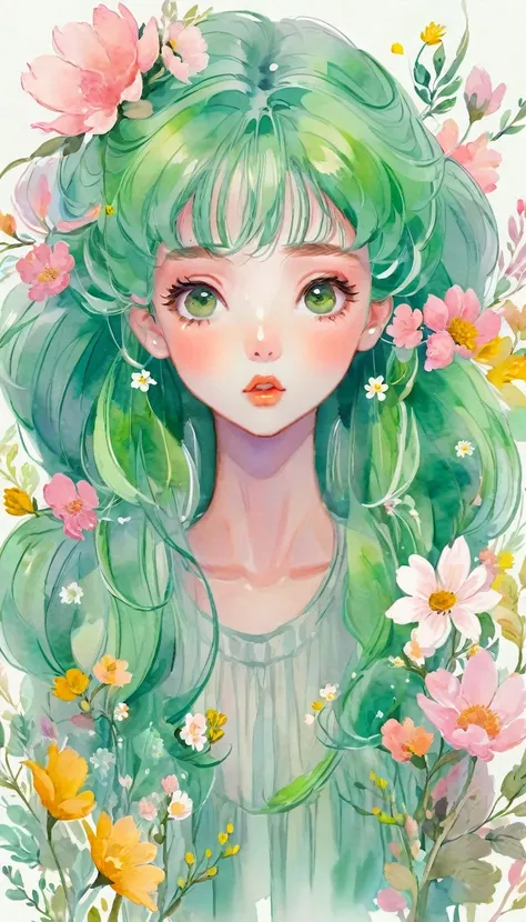 watercolor anime style, (Floral) digital art,pastel light color background, Cute art, blown by the wind, beautiful whimsical , cute whimsica ,Green hair