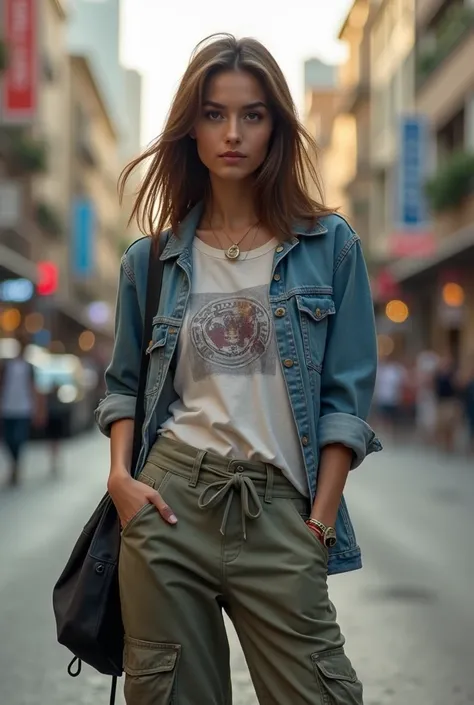 A Brazilian woman with straight brown hair in a streetwear outfit 