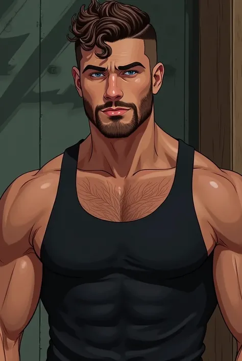 a buff man, realistic 16k illustration, short undercut curly hair, black tank top, jeans, brown undercut hair, goatee, blue eyes, lumberjack, smiling, manly sensual pose, chiseled jawline, muscular build, rugged features, natural lighting, cinematic compos...