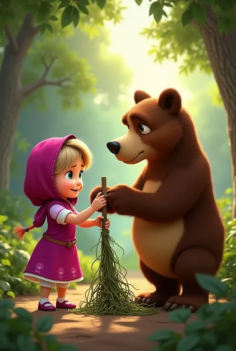 Creating a Strong Rope from Vines and Branches**  
   "Masha and the Bear work together to gather long vines and sturdy branches, tying them into a strong rope. The scene shows teamwork, with the Bear holding the branches and Masha tying them