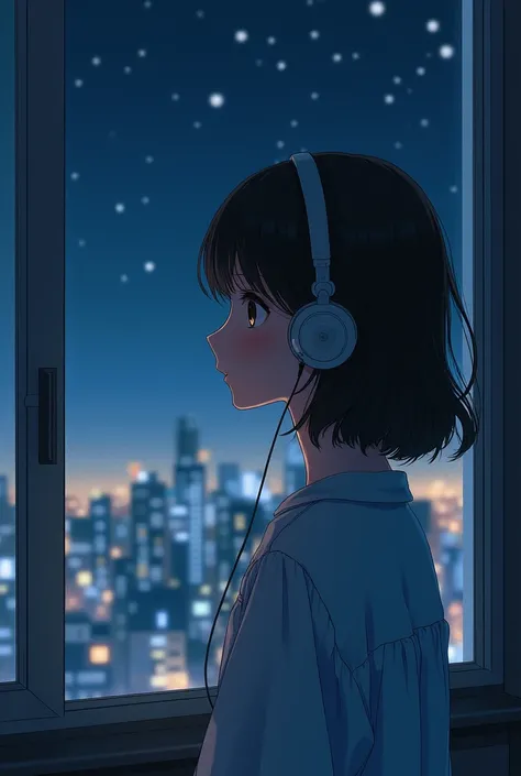 Draw me a picture of a girl listening to music by the window at night anime