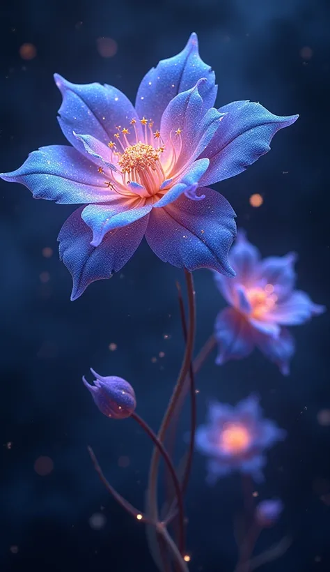 Flowers crafted from swirling galaxies, with their petals formed from the dust of stars. A dark night sky envelops the scene, as the flower petals softly glow in shades of deep indigo, violet, and shimmering white, exuding a cosmic elegance.