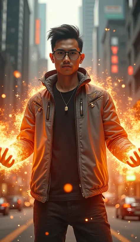 portrait, young man wearing glasses from Indonesia, hair sideways, wearing a skypunk jacket, sneakers, with flaming hands, in the middle of a city with tall buildings, realistic, UHD 64K, very dynamic, cool and complicated visual effects, very real, very d...