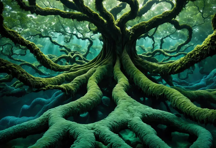 The roots of a giant tree in the water，Green swirling roots, Create an abstract pattern，It seems to be dancing under the water and in the air above the water.. Swirly pattern moves like graceful swirling lines on a textured background，Creating visual depth...