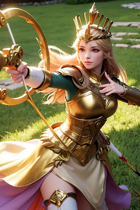 The image shows a 3D young woman dressed in a medieval-style outfit with a golden crown on her head. She is holding a bow and arrow in her right hand and is aiming it towards the right side of the image. In the background, there are several other warriors ...