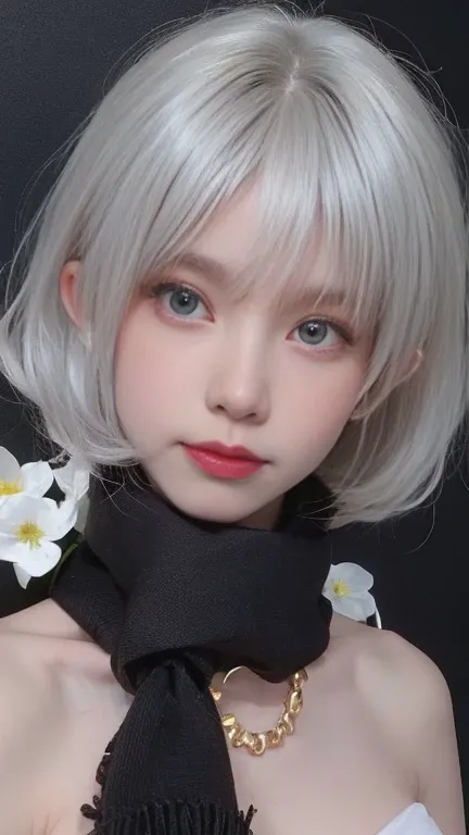 the same,
Depicts only one woman,

(Silver hair color),
(Bob cut hair.05),
((Skin age around 20 years old))

((Black Rose Hair Accessories)),
((Golden Necklace)),

((White Eyes)),
Natural skin texture,
Big boobs,
Narrow waist,
Muscular body,
Muscular pecto...