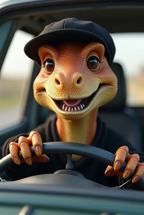 dinosaur sitting driving, looking at the camera, smiling with a black cap and black sweater