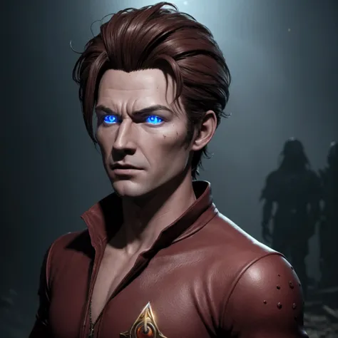 Ultra-realistic transformation of Jimmy Neutron into a real human character in a dark fantasy 80s style. His skin has the detailed texture of real human skin, with subtle pores and natural imperfections, illuminated by the dim, moody lighting. He has a lar...