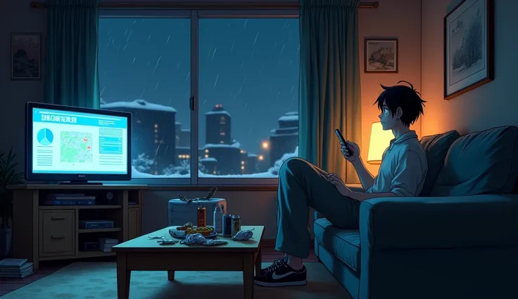 Create the anime interior of a small, cozy apartment at night. The room is dimly lit, with the soft glow of a TV casting flickering shadows. Snow begins to fall outside, seen through a large window that shows a darkened city street, faintly illuminated by ...