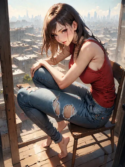 ((Best quality)), ((masterpiece)), (detailed), perfect face, defined body, realistic perfect body, dressed casually wearing ripped jeans, urban, sitting in a wooden chair, behind a high window with a view of the city, wearing smart pants and no shoes