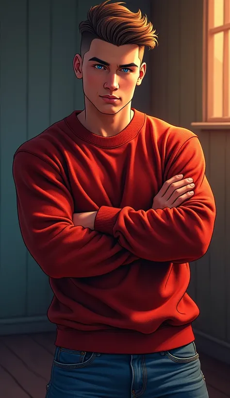 a cute man, 16k illustration, realistic, inspired by cartoons, undercut brown hair, red moletom, jeans, blue eyes, sensual pose, crossed arms, highly detailed, hyper realistic, cinematic lighting, dramatic shadows, vivid colors, masterpiece, photorealistic