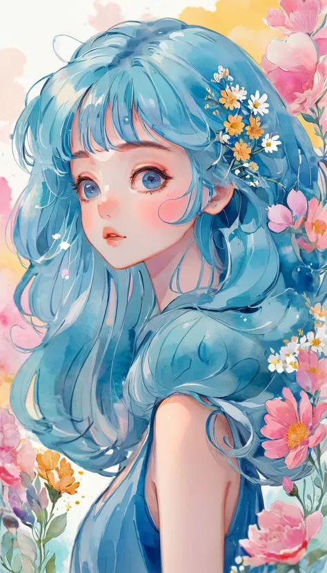 watercolor anime style, (Floral) digital art,pastel light color background, Cute art, blown by the wind, beautiful whimsical , cute whimsica ,Blue hair