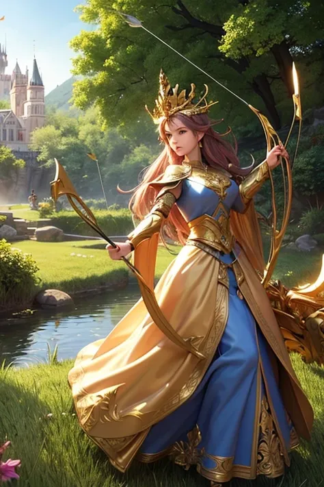 The image shows a 3D young woman dressed in a medieval-style outfit with a golden crown on her head. She is holding a bow and arrow in her right hand and is aiming it towards the right side of the image. In the background, there are several other warriors ...