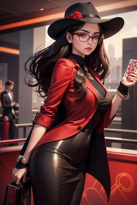 Standing portrait, Central Focus, Centered, Fully in-frame, Solo, Standing still, zoomed out

Gender: Female

Appearance: teenage girl with long dark hair, She wears glasses and a suit tie, red chupalla hat, sleek modern sophisticated red and black dress w...