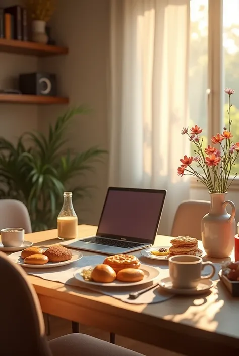 Table with laptop and breakfast 