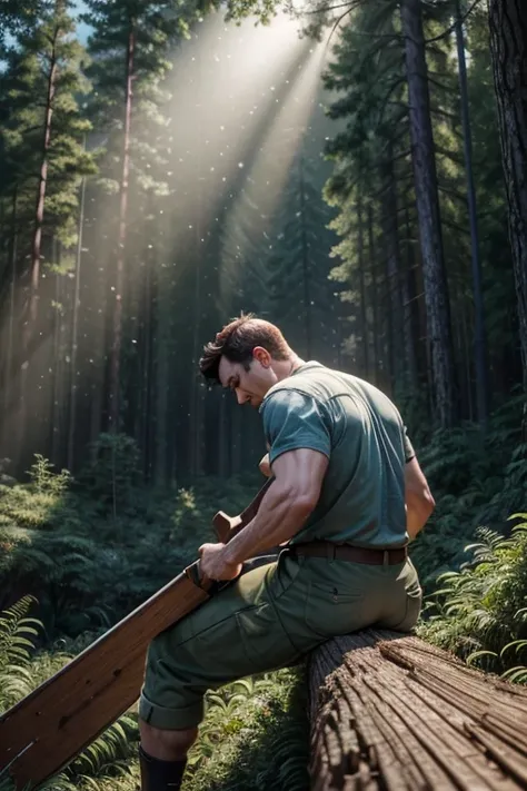 A 3D animated scene in a Disney Pixar style. A muscular lumberjack is chopping down a large tree in a dense forest. His face shows signs of fatigue, and his movements are slower as he struggles to cut the tree. The forest is green and lush, with beams of s...