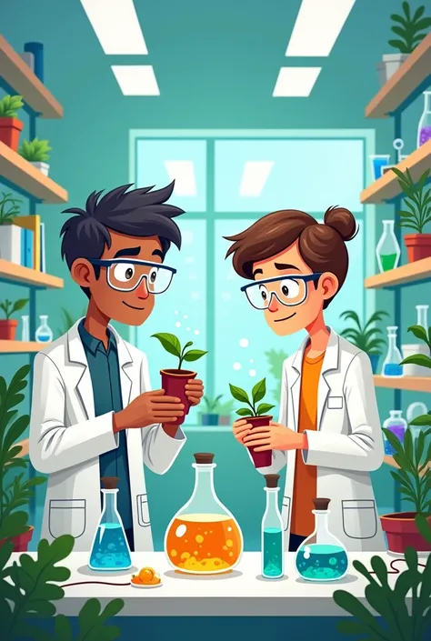 Modern scientists working in a laboratory studying plants in cartoon style 