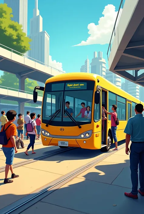 Disney Pixar drawing of a bus station, where the track is and where a very modern yellow bus has the door open, and people are getting off it, desembarcando 