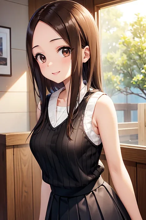 takagi-san、shiny brown hair, long hair,((medium breast、amount、center part))、 beautiful brown eyes、smile、shining eyes, (fine grai...