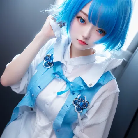 A girl with blue hair and a white shirt、live-action、Real high resolution, masterpiece, Best Quality, Super detailed, 