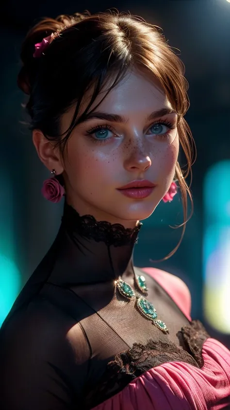 8k, RAW photo, Fujifilm, style photo of a beautiful 4 woman, square face, a red rose on the neck, wearing black lace dress with red, golden earrings, strong features like a spinning dove, (highly detailed skin: 1.2), medium brown hair with lights, film gra...