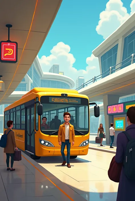 Disney Pixar drawing of a bus station, where the track is and where a very modern yellow bus has the door open, and a handsome man with brown hair, short beard is getting off the bus