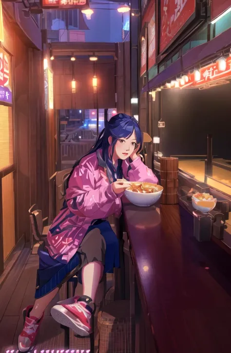 there is a woman sitting at a bar eating a bowl of food, realistic anime 3 d style, artwork in the style of guweiz, lofi girl, trending on cgstation, lofi artstyle, guweiz, realistic artstyle, anime style. 8k, realistic. cheng yi, realistic anime artstyle,...