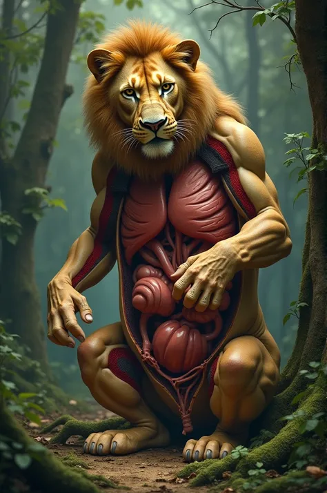 **Making Organs:**
   - The third brother carefully placing or forming organs inside the lion’s body. This scene highlights the heart, lungs, and other vital organs taking shape as the lion’s internal structure becomes visible. The forest setting remains c...