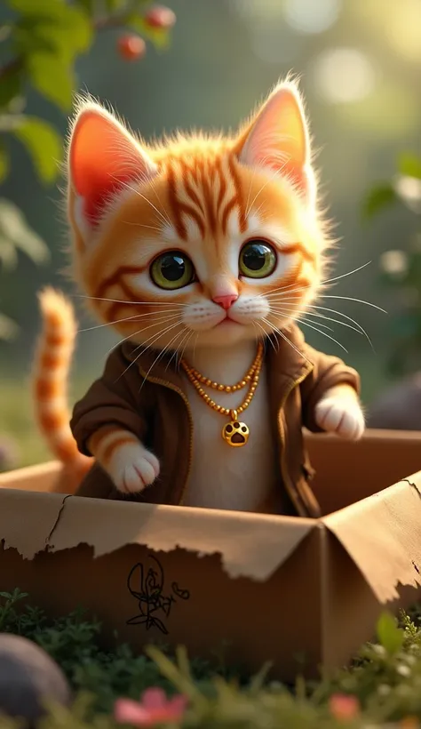 Create a realistic picture of finding a mysterious box, a small kitten, orange fur with white stripes, bright green eyes, expressive facial expressions, with ears that often move and a tail that often waves, wearing a gold necklace with a small pendant in ...