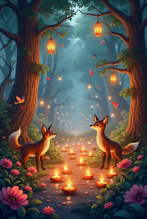 Depict a forest filled with diyas, lanterns, and twinkling lights, surrounded by trees, flowers, and animals celebrating the festival of lights.