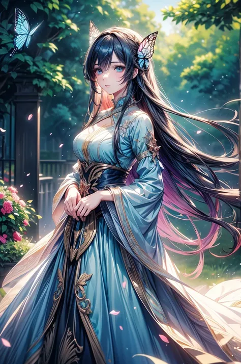 a beautiful anime girl, long flowing hair, bright blue eyes, delicate facial features, wearing a colorful dress, standing in a lush garden with flowers, butterfly effects, detailed lighting, cinematic composition, vibrant colors, digital art, masterpiece, ...