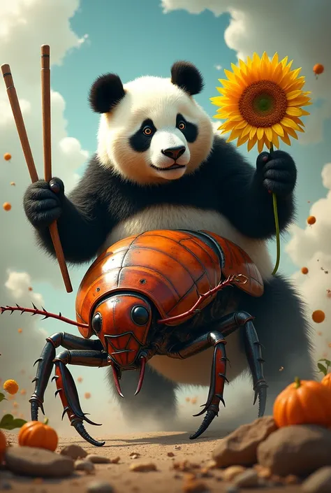 A ferocious panda with a sunflower in its mouth, wearing a cockroach costume, riding a cockroach, and holding chopsticks as a weapon.