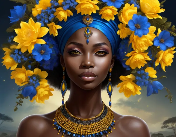 Painting of a woman with a blue and yellow headdress and flowers, Black African Princess, black magic, Dark skinned love goddess, Beautiful digital artwork, Amazing digital art, Attractive African Princess, African Queen, beautiful Amazing digital art, Bea...