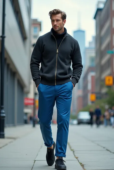 A man wearing a turtleneck shirt with a zipper, blue chinos and black Adidas campus shoes 