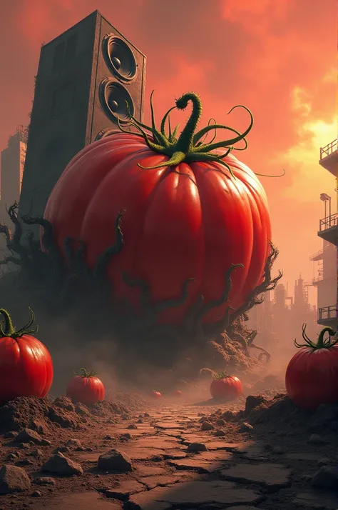 Créer moi une image dun monde tomates avec de grosses enceintes de musique, monde apocalyptique, hardcore