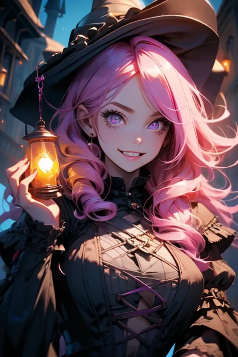 Perfect face. Perfect hands. A pink haired woman with violet eyes in a Gothic Lolita dress with an hourglass figure is holding a lantern in a creepy castle with a big smile
