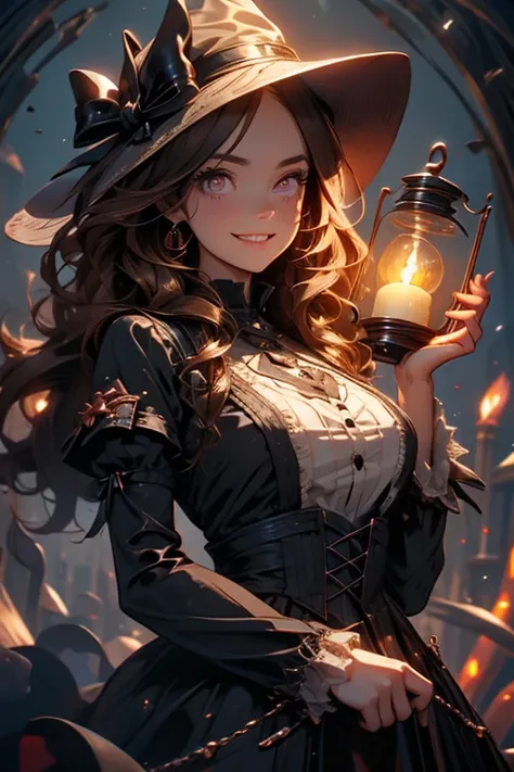 Perfect face. Perfect hands. A brown haired woman with copper eyes in a Gothic Lolita dress with an hourglass figure is holding a lantern in a creepy castle with a big smile
