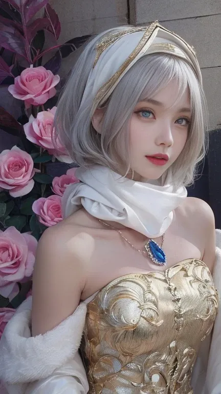 the same,
Depicts only one woman,

(Silver hair color),
(Bob cut hair.05),
((Skin age around 20 years old))

((Black Rose Hair Accessories)),
((Golden Necklace)),

((White Eyes:1.3)),
Natural skin texture,
Big boobs,
Narrow waist,
Muscular body,
Muscular p...