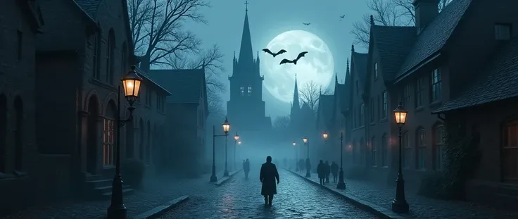 highres,gothic town,detailed cobblestone streets,gargoyles perched on buildings,mysterious shadowy figures lurking,moonlit gothic architecture,dark narrow alleyways,misty atmosphere,ominous atmosphere,haunting ambiance,occasional flickering streetlights,hi...