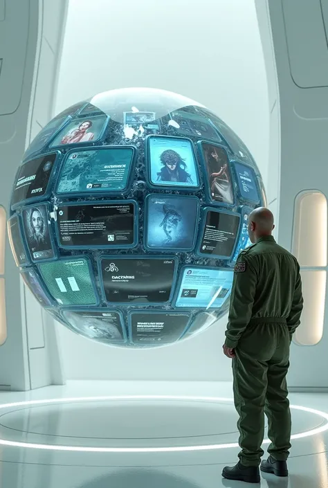 floating transparent sphere full of technological screens each with different images and social networks , and a bald man dressed in modern military green overalls on the side and outside of that sphere looking at her