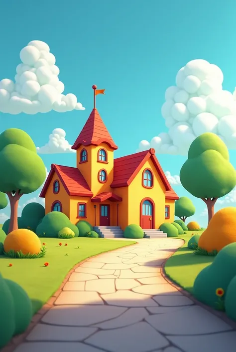 cartoon, The school is an orange building with a road in front of the school. The image is horizontal.