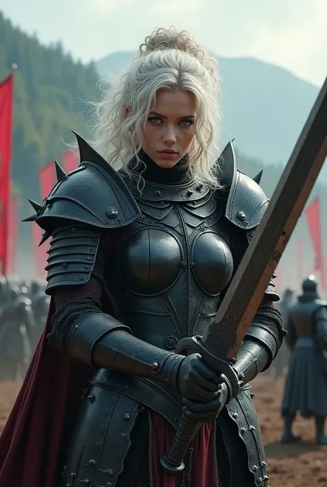 femme dans la vingtaine、Curly white hair, 1 personne、with a round face、Round jaws、Close-up of a woman in armour holding a sword, Armour girl, female knight, big and full breasts、full armure noir démon, full armure noir démon pique, Gorgeous Female Paladin,...