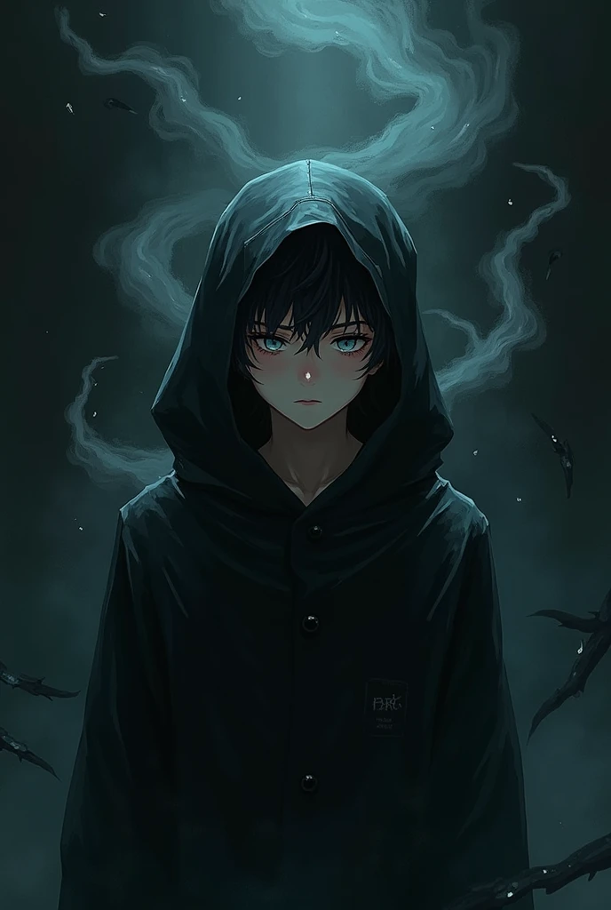 Anime style young man with hood light eyes being consumed by evil 
