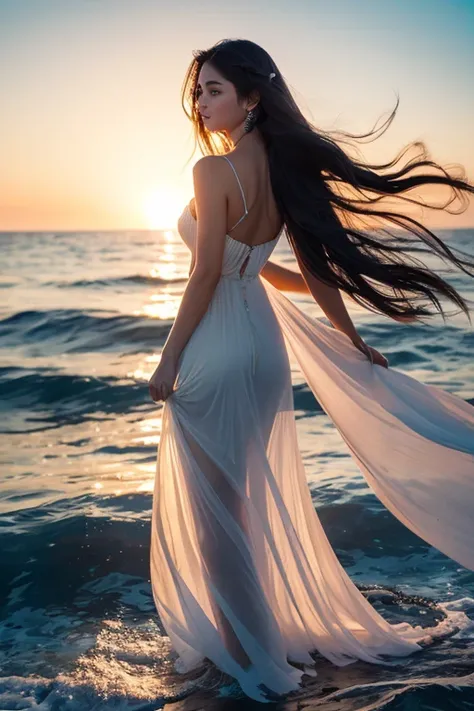 "A breathtakingly beautiful woman with ethereal features stands by the ocean, her long, flowing hair cascading down her back like gentle waves. Her eyes shimmer like the deep blue sea, reflecting the sunlight. She wears a delicate gown made of seafoam and ...