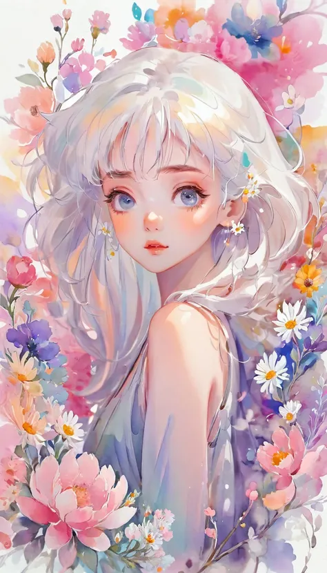 watercolor anime style, (Floral) digital art,pastel light color background, Cute art, blown by the wind, beautiful whimsical , cute whimsica White hair