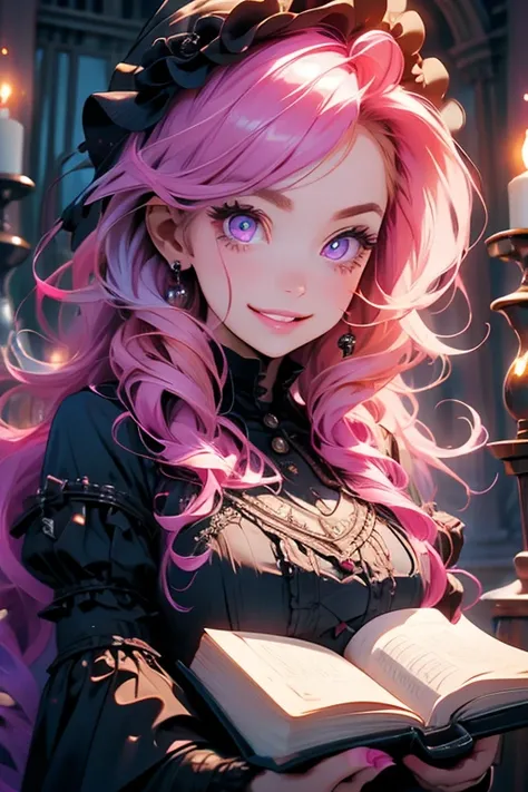 Perfect face. Perfect hands. A pink haired woman with violet eyes in a Gothic Lolita dress with an hourglass figure is holding a book in a creepy castle with a big smile