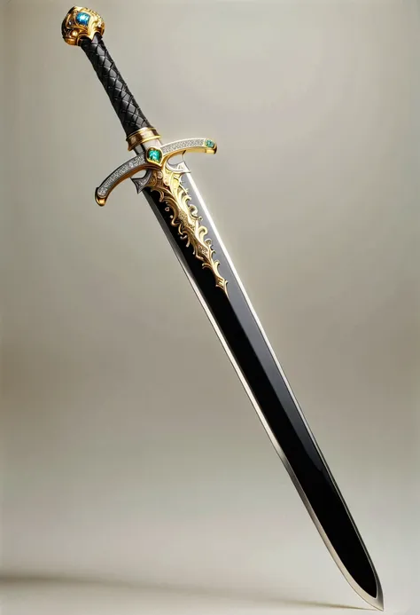 photorealistic fantasy-style image of a beautiful long sword, black metal sword blade with gold-engraved lettering and two-hande...