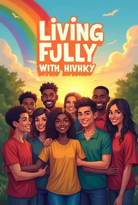 Title: "Live Fully: The Path to Living with HIV"

layer: A vibrant image of a rainbow over a sunny landscape, with people of different ages and ethnicities smiling and hugging each other, symbolizing support and unity. The title in large, friendly letters,...