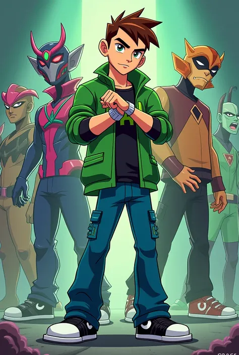 Ben 10
  version from ben 10 omniverse posing with omnitrix with his aliens in the background in cartoon accurate outfit