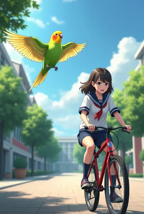 Realistic Budgie free fly and teenager with uniform bike bicycle at scool